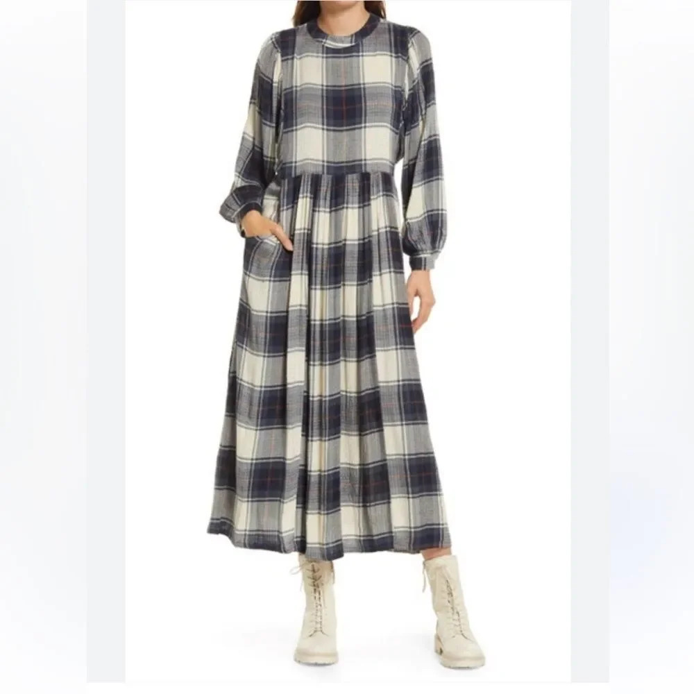 Treasure & Bond Plaid Long Sleeve Drop Waist Midi Dress size Medium